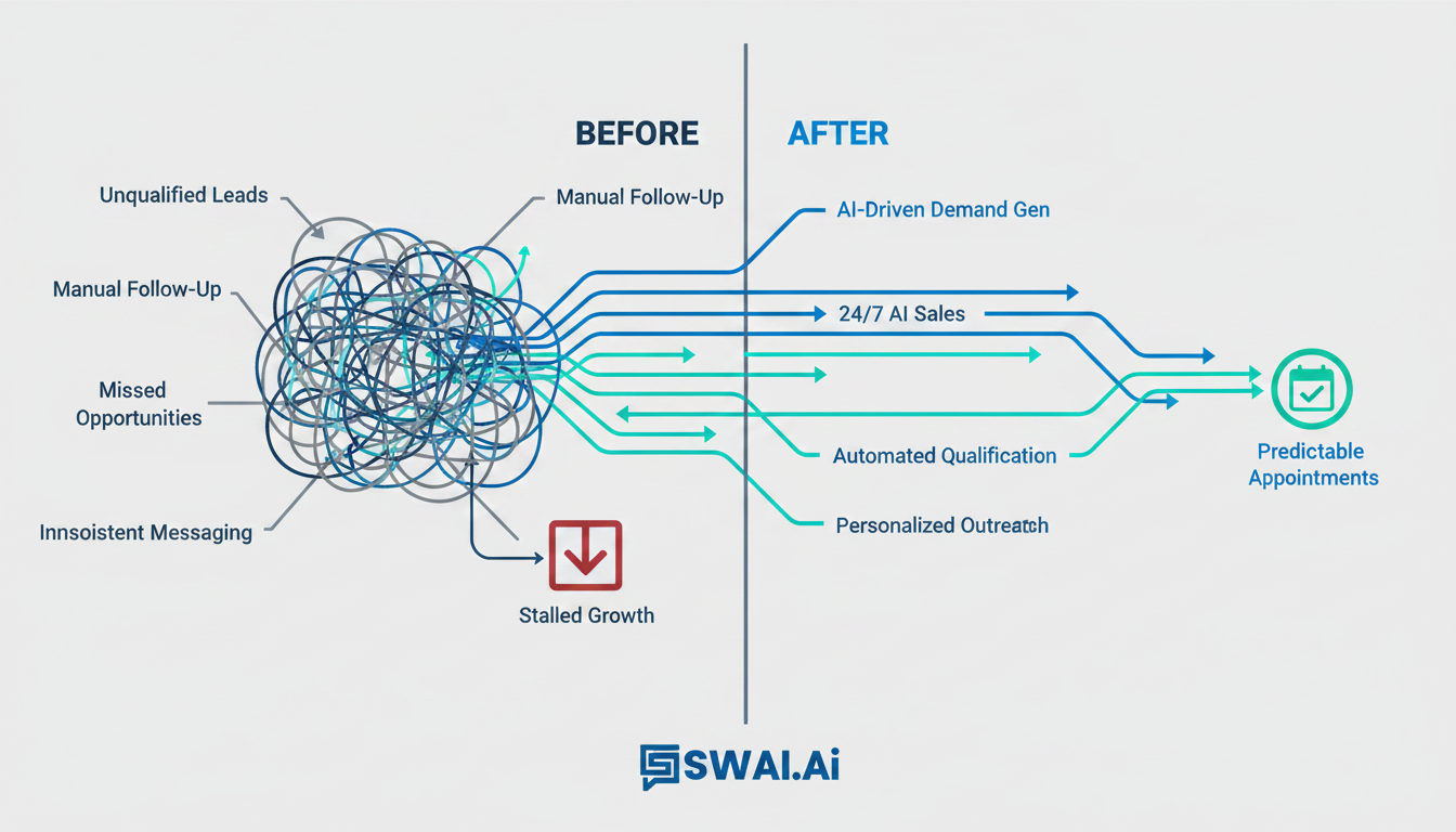A clean infographic with a 'before and after' comparison. The 'before' side shows a tangled, chaotic mess of lines labeled 'unqualified leads,' 'manual follow-up,' and 'missed opportunities' leading to a 'stalled growth' icon. The 'after' side shows a clean, straight, automated pipeline labeled 'AI-driven demand gen,' '24/7 AI sales,' leading to a 'predictable appointments' icon. Aspect ratio: 16:9.