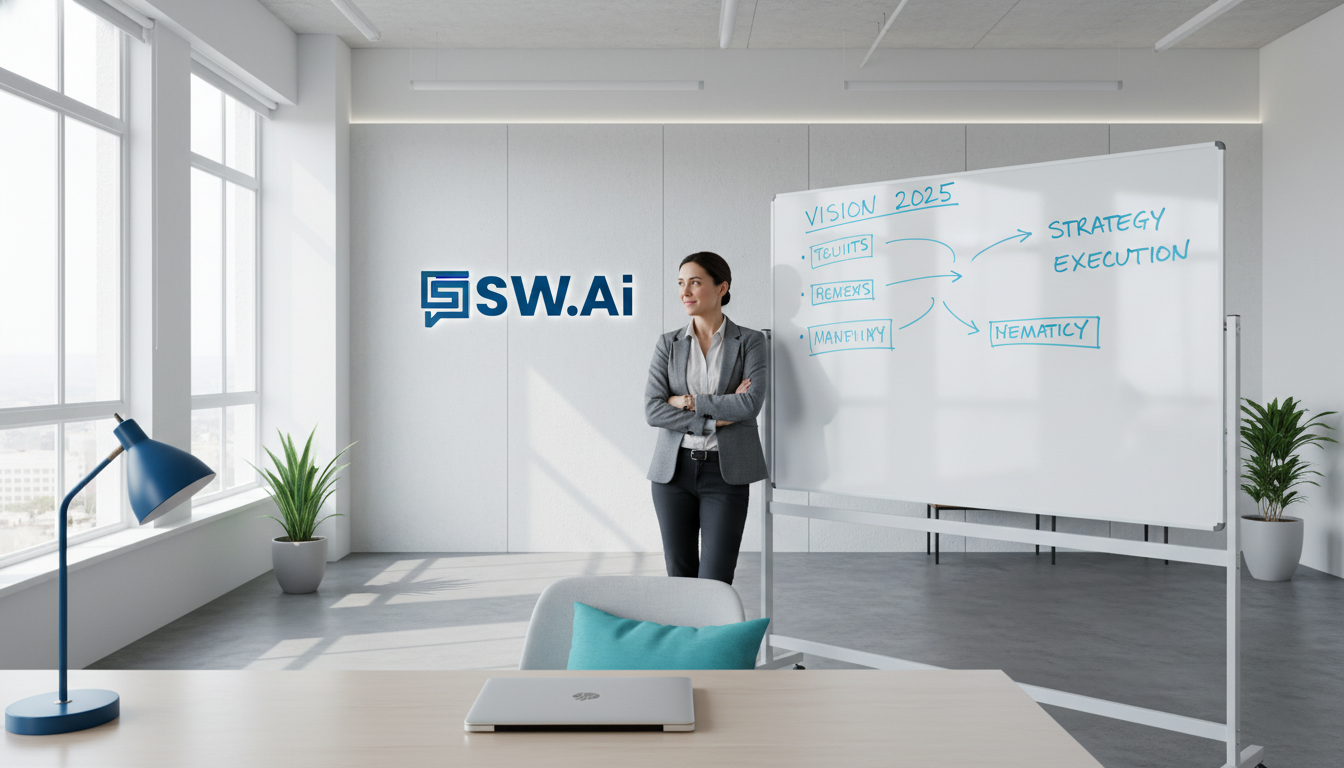 A realistic, bright photograph of a calm and confident agency founder in their 40s. They are standing and looking away from their laptop towards a whiteboard filled with strategic plans and vision statements. The office is modern and minimalist with natural light. The mood is one of control, strategy, and forward-thinking. Aspect ratio: 16:9.