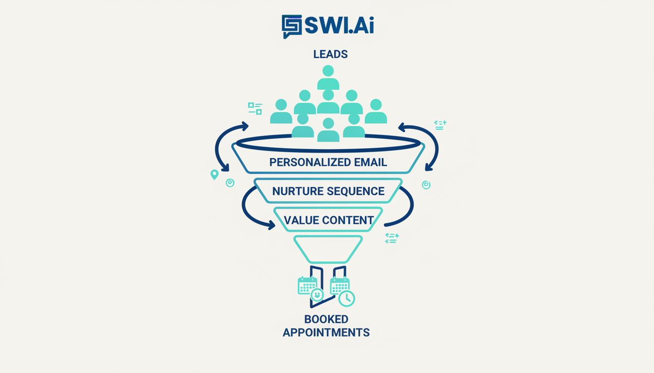 An infographic illustrating a seamless, automated conversion funnel. The graphic shows leads entering the top and flowing through various automated touchpoints labeled 'Personalized Email,' 'Nurture Sequence,' and 'Value Content' before exiting as 'Booked Appointments.' The design is clean, using brand colors #094f85 and #4ecace on a light #f1f0ee background. Aspect ratio: 1:1.