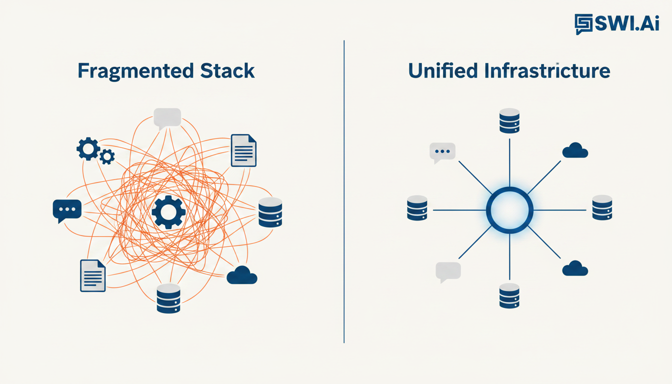 An infographic split into two sides. The left side, labeled 'Fragmented Stack,' shows multiple software icons connected by a messy, tangled web of lines in an alarming orange color. The right side, labeled 'Unified Infrastructure,' shows the same icons neatly arranged around a central blue hub, with clean, direct lines connecting them, representing seamless integration. Aspect ratio: 16:9.