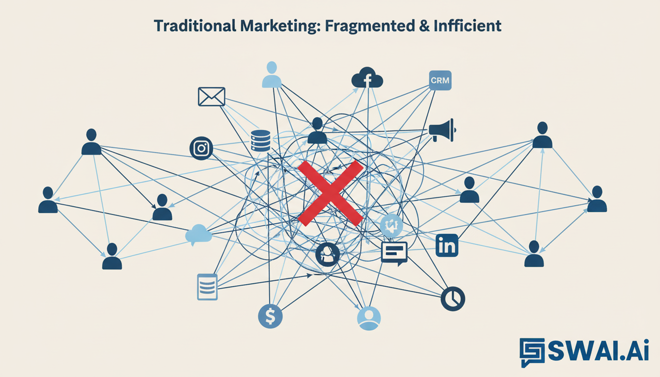 An infographic diagram showing a chaotic web of arrows connecting icons for various marketing tools (email, CRM, social media, ads) to icons of people. In the center, a large red 'X' highlights the bottlenecks and communication overhead. The design is modern and uses the brand colors #123852 and #4f92ca against an #f6f4f2 background. Aspect ratio: 1:1.