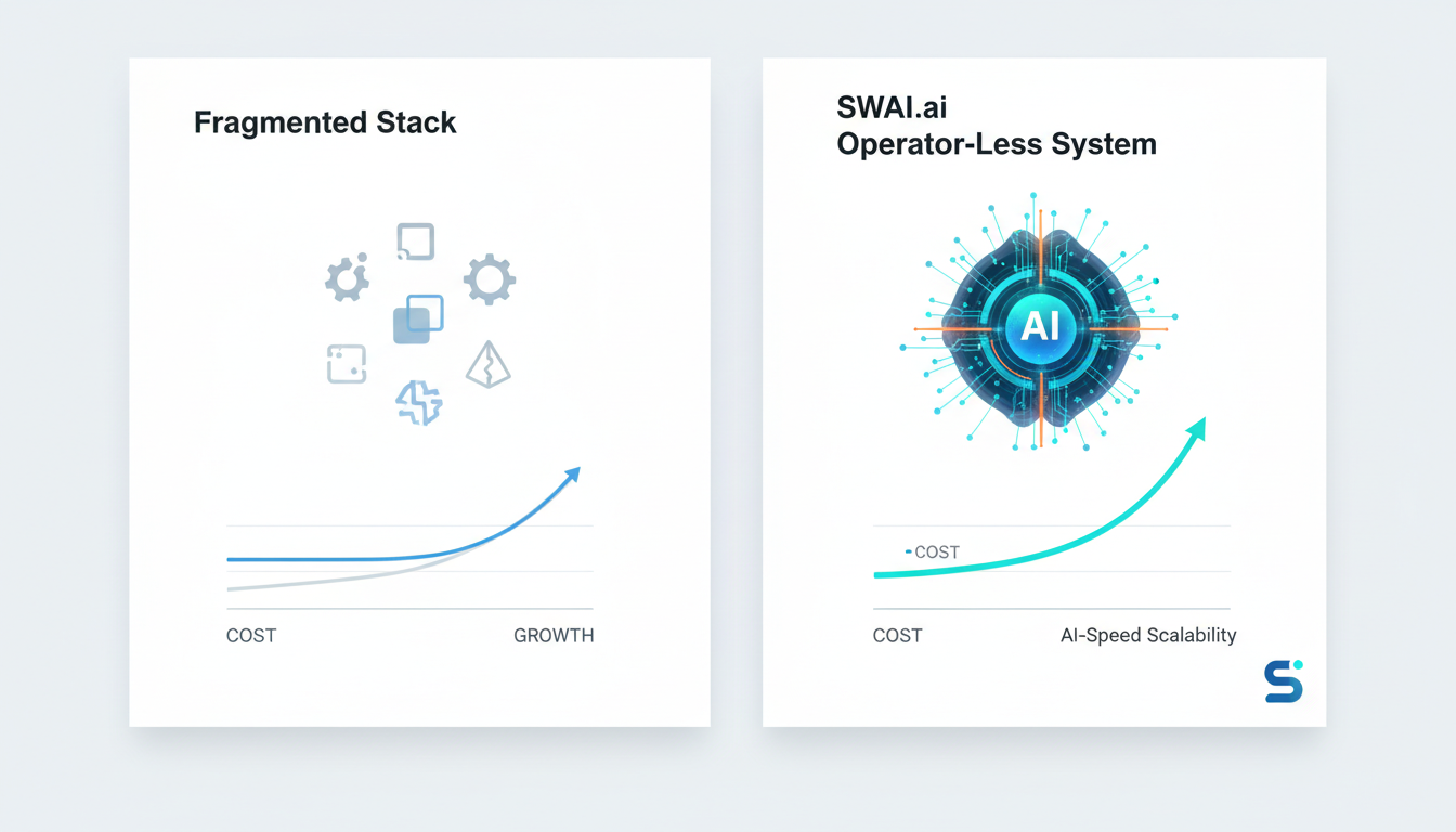 A clean, modern infographic comparing two scenarios side-by-side. On the left, 'Fragmented Stack,' showing icons for multiple tools, agency fees, and salaries adding up to a high cost and slow growth curve. On the right, 'SWAI.ai Operator-Less System,' showing a single icon with a lower cost and a steep, upward-trending growth curve labeled 'AI-Speed Scalability.' Use brand colors. Aspect ratio: 1:1.