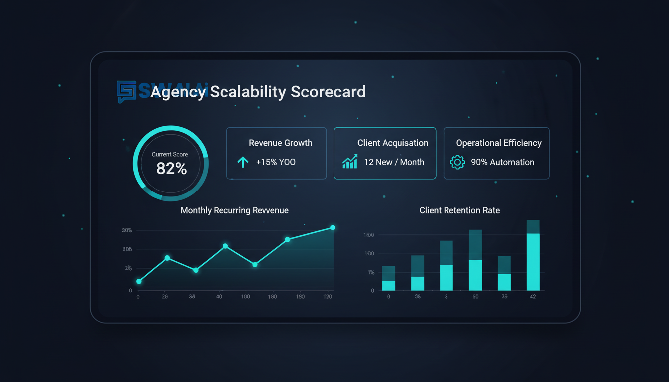 A sleek, modern illustration of a digital dashboard titled 'Agency Scalability Scorecard'. The dashboard displays several glowing data points and growth charts, symbolizing operational insight and control. The background is a dark, professional blue. Aspect ratio: 16:9.