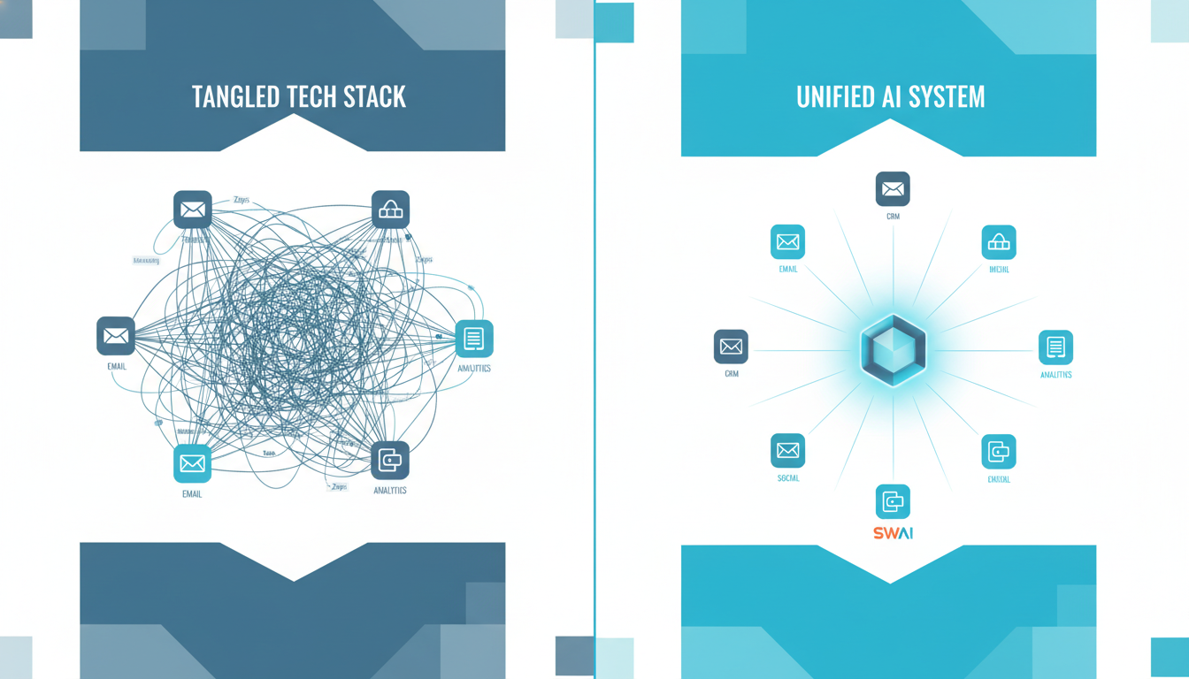 A clean, modern infographic illustrating a 'tangled tech stack'. On one side, show multiple chaotic icons (email, CRM, social media, analytics) connected by a messy web of tangled lines labeled 'Zaps' and 'Manual Syncing'. On the other side, show a single, sleek central hub with clean lines extending to the same icons, representing a unified AI system. Use brand colors. Aspect ratio: 4:3.