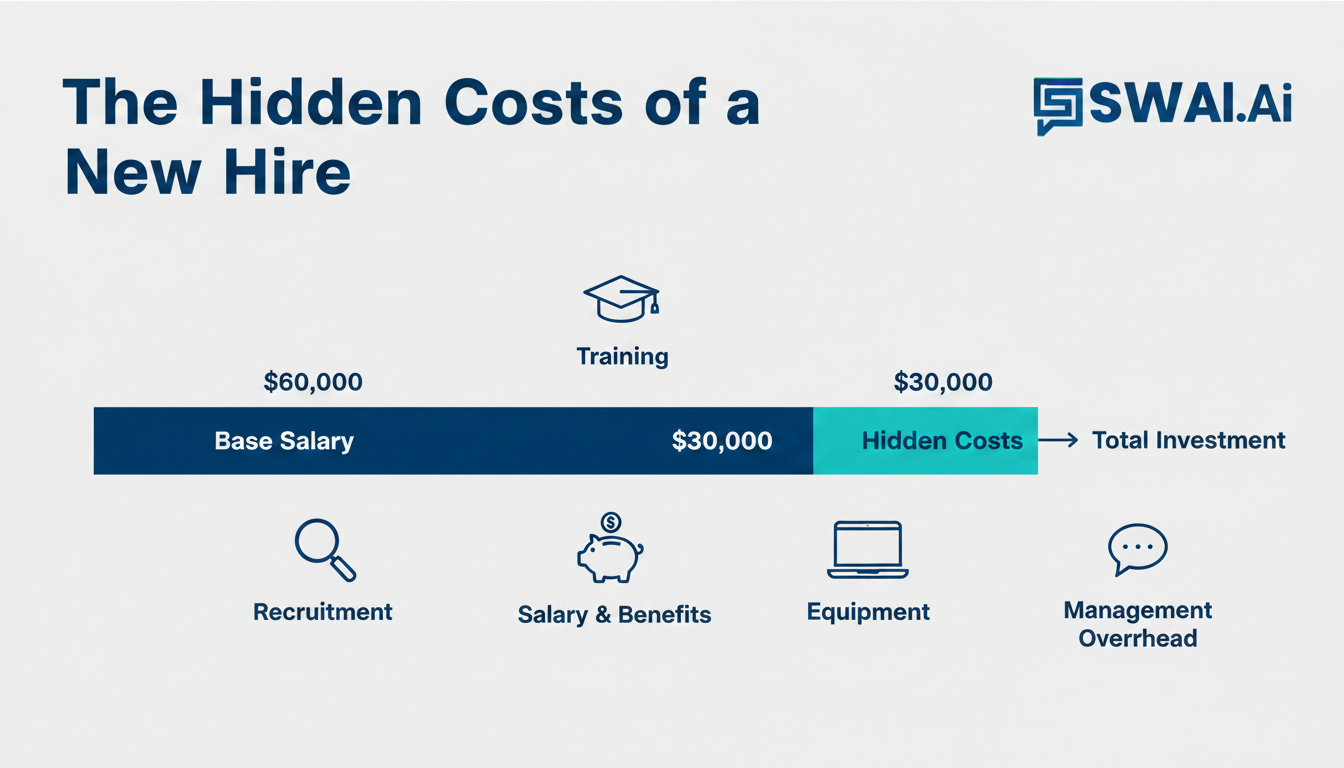 An infographic titled 'The Hidden Costs of a New Hire'. Use clear icons to represent each cost: a magnifying glass for recruitment, a graduation cap for training, a piggy bank for salary & benefits, a laptop for equipment, and a speech bubble for management overhead. A central bar chart should show the base salary in one color and the additional hidden costs stacked on top, demonstrating the true total investment. Use a clean, modern design. Aspect ratio: 1:1.