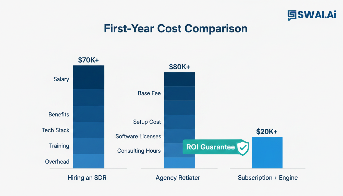 A clear infographic chart comparing the first-year costs of 'Hiring an SDR', an 'Agency Retainer', and the 'SWAI.ai Engine'. Use stacked bars to show hidden costs for the SDR and agency. The SWAI.ai bar should be the most cost-effective and feature a prominent 'ROI Guarantee' shield icon next to it. Use brand colors for a professional look. Aspect ratio: 4:3.