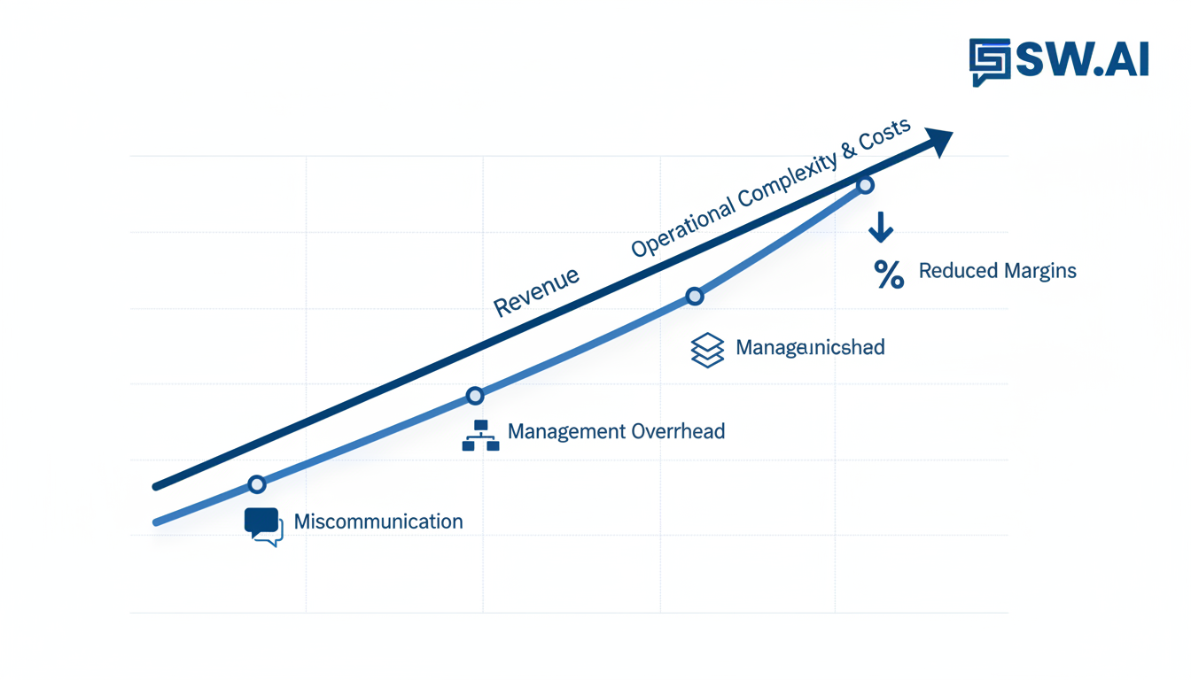 A clean and modern infographic chart showing two lines. One line, labeled 'Revenue,' goes up steadily. The other line, labeled 'Operational Complexity & Costs,' starts low but curves up exponentially, crossing the revenue line. Key points on the complexity line are highlighted with icons for 'Miscommunication', 'Management Overhead', and 'Reduced Margins'. Aspect ratio: 4:3.