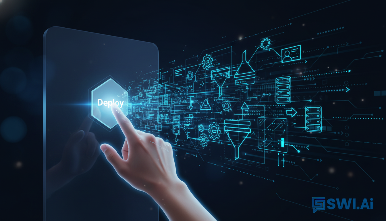 A stylized illustration of a hand clicking a single 'Deploy' button on a futuristic interface. From the button, a complete, glowing schematic of a sales pipeline engine instantly appears, fully formed and operational. The style should be clean, modern, and tech-focused, using the brand's color palette. Aspect ratio: 4:3.