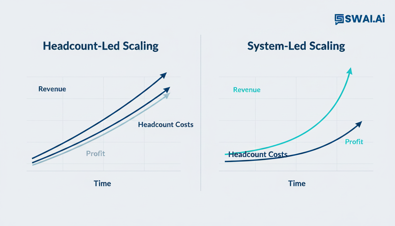 A powerful split-panel infographic. The left side, titled 'Headcount-Led Scaling,' shows a linear graph where 'Revenue' and 'Headcount Costs' rise together, resulting in a flat 'Profit' line. The right side, titled 'System-Led Scaling,' shows 'Revenue' curving upwards exponentially while 'Headcount Costs' remain flat, resulting in a dramatically increasing 'Profit' line. Use brand colors. Aspect ratio: 16:9.
