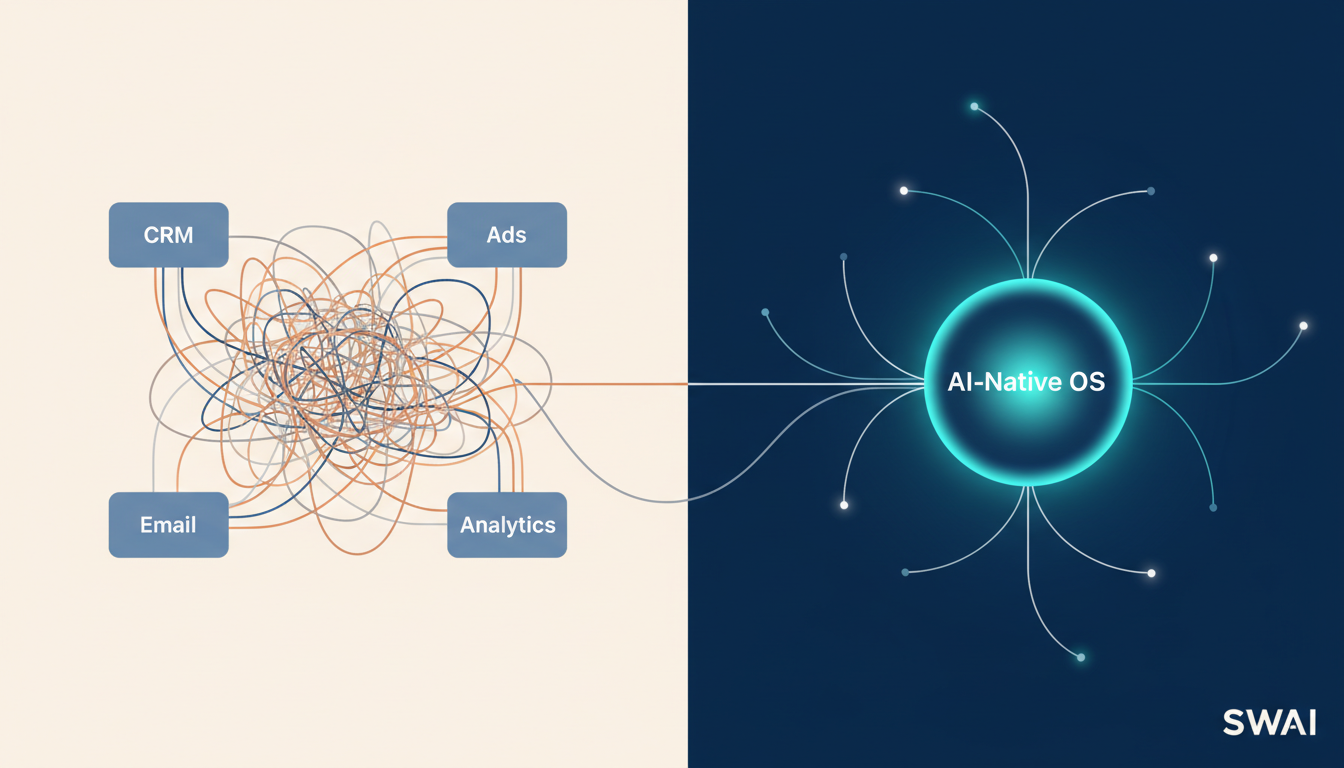 A stylized illustration split in two. The left side shows a chaotic diagram with multiple separate boxes labeled 'CRM', 'Ads', 'Email', 'Analytics' connected by messy, tangled lines. The right side shows a single, clean, glowing central orb labeled 'AI-Native OS' with neat, orderly lines flowing to and from it, representing a unified data model. Aspect ratio: 4:3.