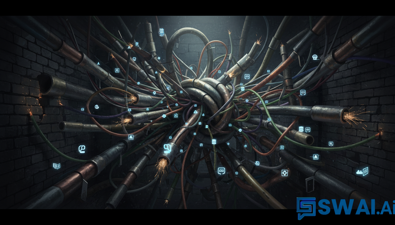 A stylized illustration depicting a tangled mess of different colored wires and pipes, each with a generic software icon attached, leading nowhere. The background is dark and chaotic, representing the confusion of a fragmented SaaS stack. The mood is one of frustration and complexity. Aspect ratio: 16:9.