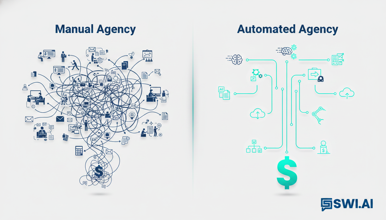 A clean, modern infographic comparing two agency workflows. The left side, labeled 'Manual Agency,' shows a complex, tangled web of icons representing spreadsheets, emails, and manual tasks leading to a small dollar sign. The right side, labeled 'Automated Agency,' shows a straight, efficient line of automated processes leading to a much larger dollar sign. Uses brand colors and clear, minimalist icons. Aspect ratio: 16:9.