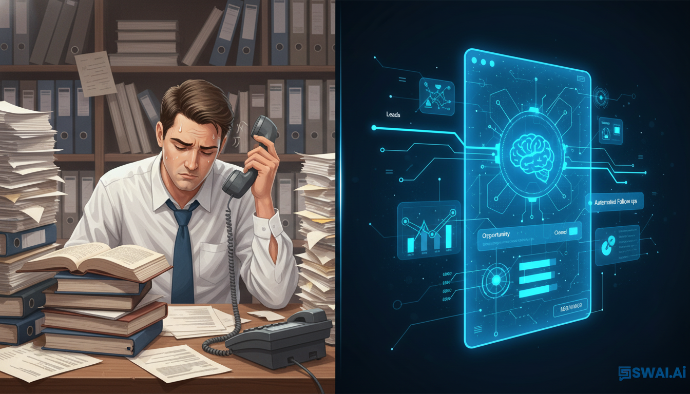 A modern, sleek illustration depicting a split screen. On the left, a stressed-out human sales rep is buried under paperwork and a ringing phone. On the right, a calm, glowing AI bot interface is efficiently managing a sales pipeline with data streams flowing smoothly. Use brand colors. Aspect ratio: 16:9.