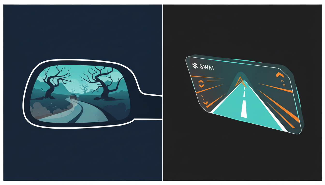 A stylized illustration comparing a rear-view mirror showing a dusty road behind (reactive) versus a futuristic GPS navigator showing a clear path forward (proactive). Use a modern, sleek design style with brand colors. Aspect ratio: 16:9.