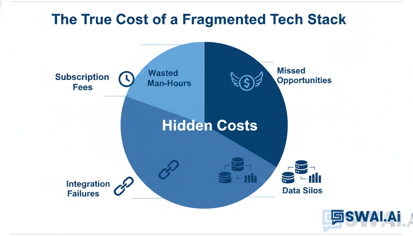 A clean and modern infographic titled 'The True Cost of a Fragmented Tech Stack'. Use a large pie chart where a small slice is labeled 'Subscription Fees' and the much larger slice is labeled 'Hidden Costs'. Break down the 'Hidden Costs' into smaller sections with icons: 'Wasted Man-Hours' (clock icon), 'Integration Failures' (broken link icon), 'Data Silos' (database icons with walls between them), and 'Missed Opportunities' (dollar sign with wings flying away). Aspect ratio: 1:1.