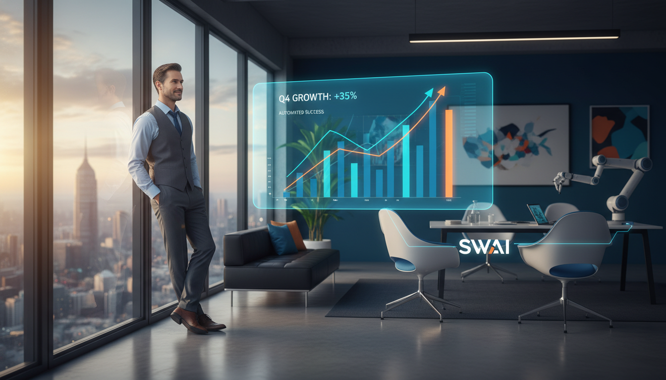 A realistic, aspirational photo of a founder-led professional (e.g., a consultant or advisor) looking thoughtfully out of a modern office window, looking relaxed and in control. In the foreground, a sleek, transparent screen displays growth charts and metrics moving upwards, implying an automated system is handling the work. Soft, natural lighting. Aspect ratio: 16:9.