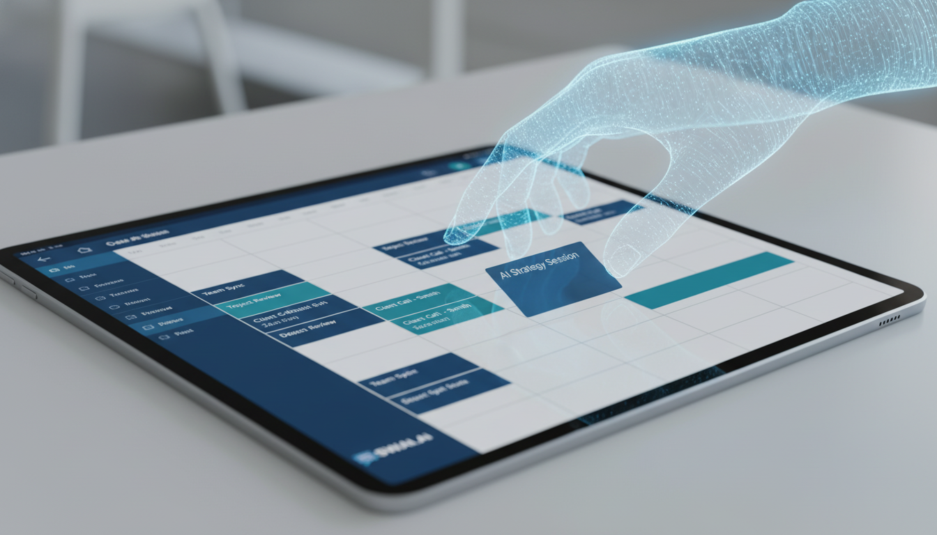 A close-up, realistic shot of a digital calendar on a tablet screen. An AI-powered virtual hand is seen placing a new meeting block onto the calendar, which is already populated with other appointments. The aesthetic is clean, modern, and professional. Aspect ratio: 16:9.