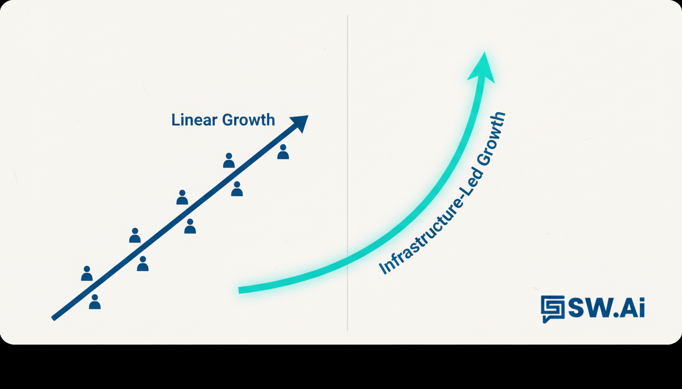 A powerful illustration showing two growth charts. One is a straight, linear line with human icons along it, labeled 'Linear Growth'. The other is a steep, exponential curve that glows, labeled 'Infrastructure-Led Growth'. The style is clean, modern, and uses brand colors. Aspect ratio: 16:9.