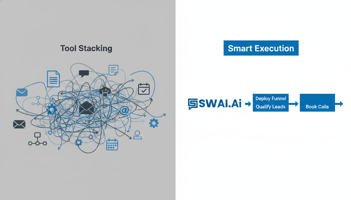 A clean, modern side-by-side comparison infographic. The left side, titled 'Tool Stacking,' shows a chaotic flowchart with logos for Mailchimp, Leadpages, Calendly, and Zapier connected by messy, tangled arrows. The right side, titled 'Smart Execution,' shows a single, clean SWAI.Ai logo with a simple, three-step linear path flowing from it: 'Deploy Funnel', 'Qualify Leads', 'Book Calls'. Aspect ratio: 16:9.