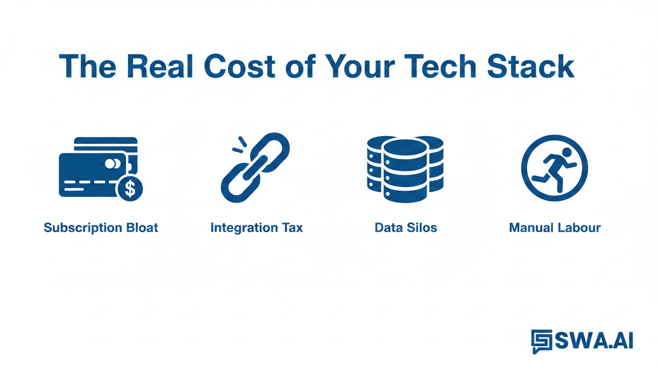 An infographic titled 'The Real Cost of Your Tech Stack'. It features four main icons: a stack of credit cards labeled 'Subscription Bloat,' broken chain links labeled 'Integration Tax,' separate database cylinders labeled 'Data Silos,' and a person on a hamster wheel labeled 'Manual Labour'. Use the brand colors for a bold, clear design. Aspect ratio: 1:1.