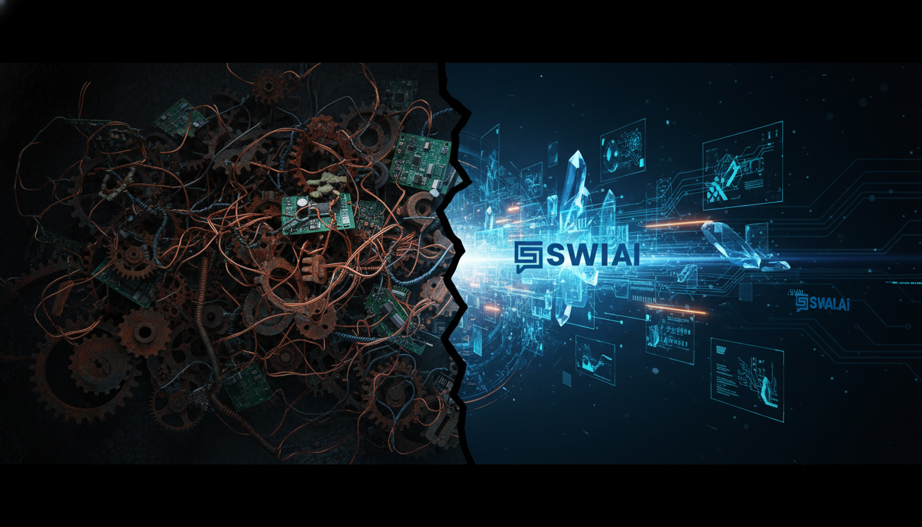 A clean, modern illustration showing a chaotic arrangement of gears and wires on one side transforming into a smooth, streamlined, and interconnected system on the other. The chaotic side is dark and tangled, while the streamlined side is glowing with brand colors, representing the shift from operational chaos to an 'operator-less' system. Aspect ratio: 16:9.