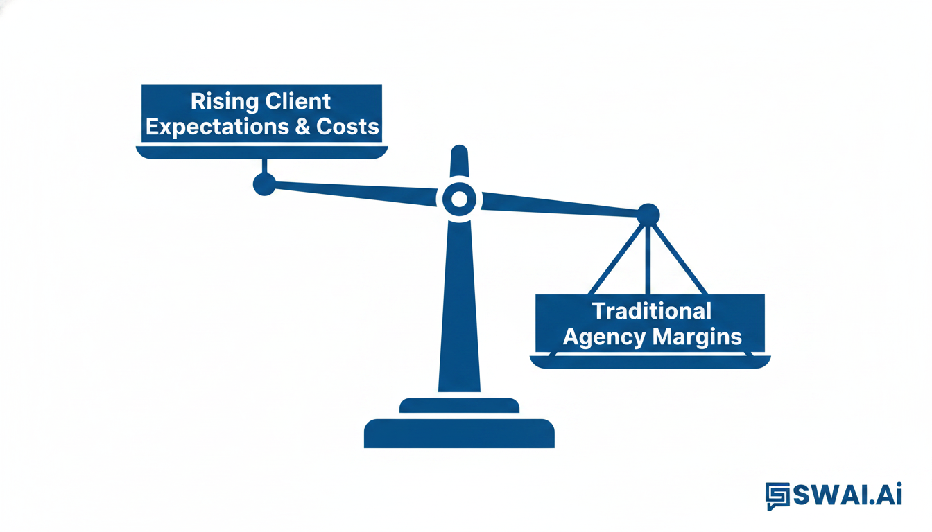 A clean infographic showing a balance scale tipped heavily to one side. On the high side, a block labeled 'Rising Client Expectations & Costs'. On the low side, a smaller block labeled 'Traditional Agency Margins'. Use brand colors and a minimalist style. Aspect ratio: 1:1.