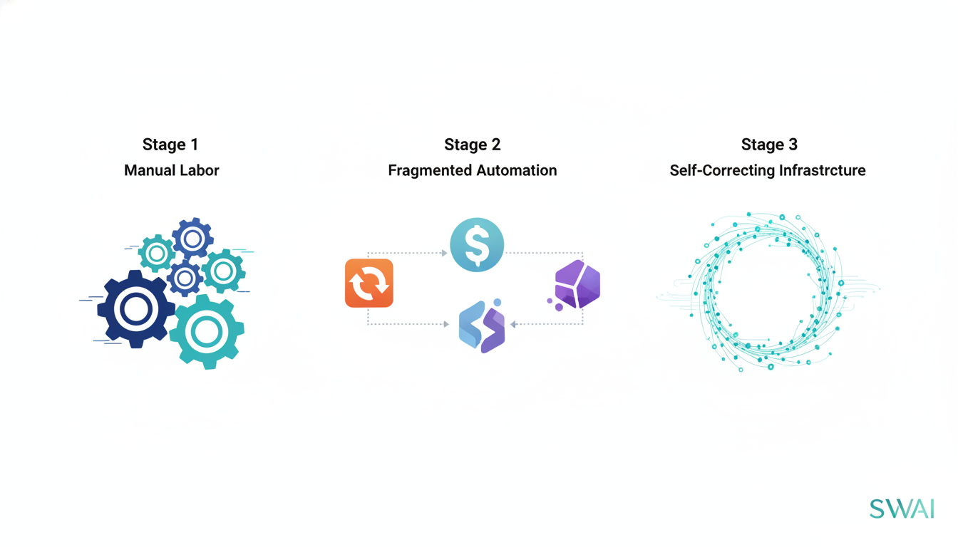 A clean, modern infographic in a timeline format showing business system evolution. Stage 1: 'Manual Labor' with icons of gears. Stage 2: 'Fragmented Automation' with disconnected software logos. Stage 3: 'Self-Correcting Infrastructure' with a dynamic, glowing neural network loop that represents continuous learning and optimization. Aspect ratio: 4:3.