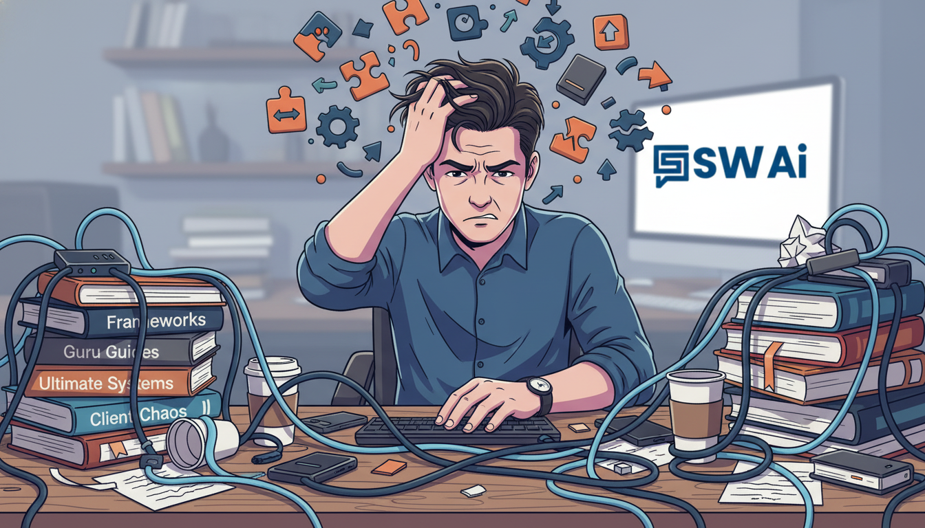 An illustration depicting the chaos of the old agency model. Show a frustrated founder at a desk surrounded by tangled wires, stacks of books labeled 'Frameworks', and disconnected software icons floating around their head. The overall mood should be overwhelming. Aspect ratio: 16:9.