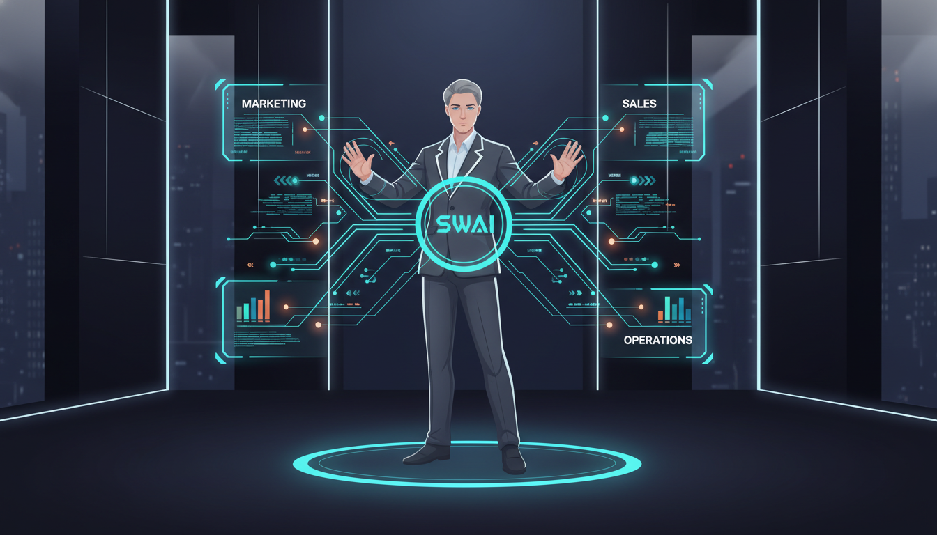 A stylized illustration of a business founder standing in front of a holographic interface, confidently directing interconnected workflows for marketing, sales, and operations. The background is sleek and futuristic, symbolizing control and efficiency. The founder is the central point of command. Aspect ratio: 4:3.