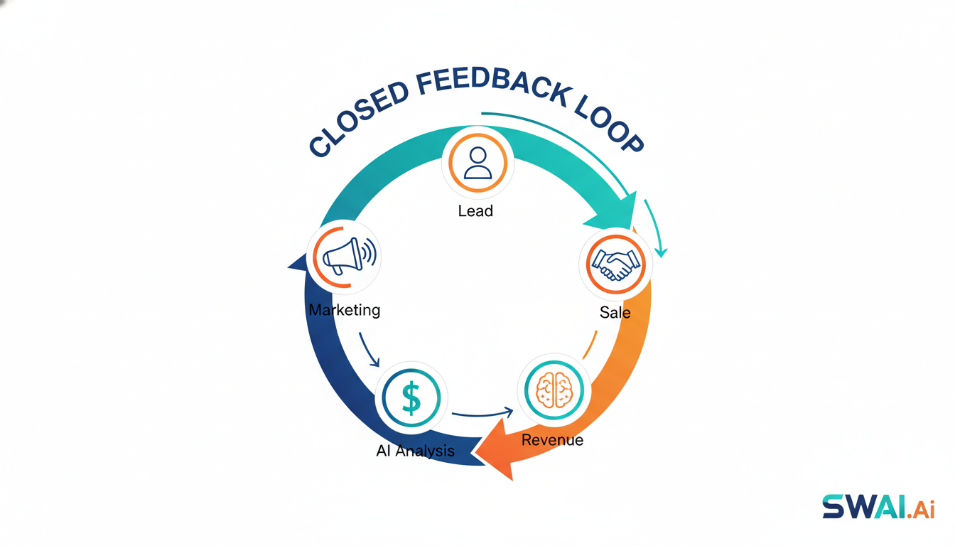 A diagram illustrating a closed-loop system. The visual shows a circle of icons: a 'Megaphone' (Marketing), leading to a 'User Profile' (Lead), to a 'Handshake' (Sale), to a 'Dollar Sign' (Revenue), which then points to a 'Brain' icon (AI Analysis) that points back to the Megaphone, completing the loop. The text 'Closed Feedback Loop' is prominent. Aspect ratio: 4:3.