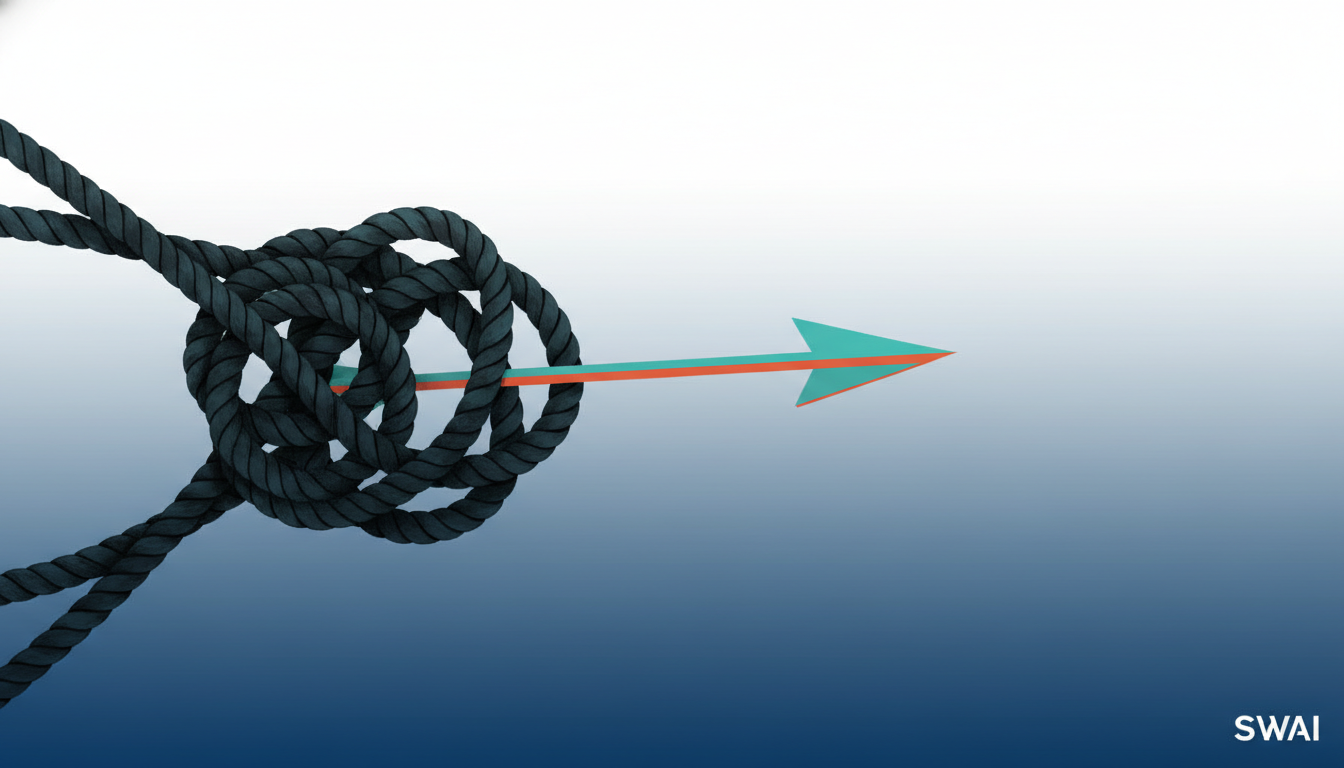An abstract illustration representing a business bottleneck. A sleek, modern arrow is stuck trying to get through a complex and tangled knot of old ropes, symbolizing outdated processes. The image should be minimalist and use brand colors. Aspect ratio: 16:9.