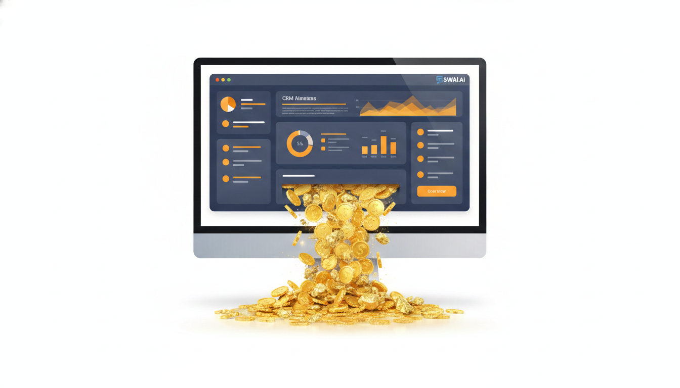 A stylized illustration of a computer screen showing a CRM dashboard. From the screen, a river of gold coins and nuggets is flowing out, symbolizing the hidden value in a customer database. The style is modern, clean, and has a tech focus. Use brand colors: #084f85, #FF8F0D. Aspect ratio: 16:9.