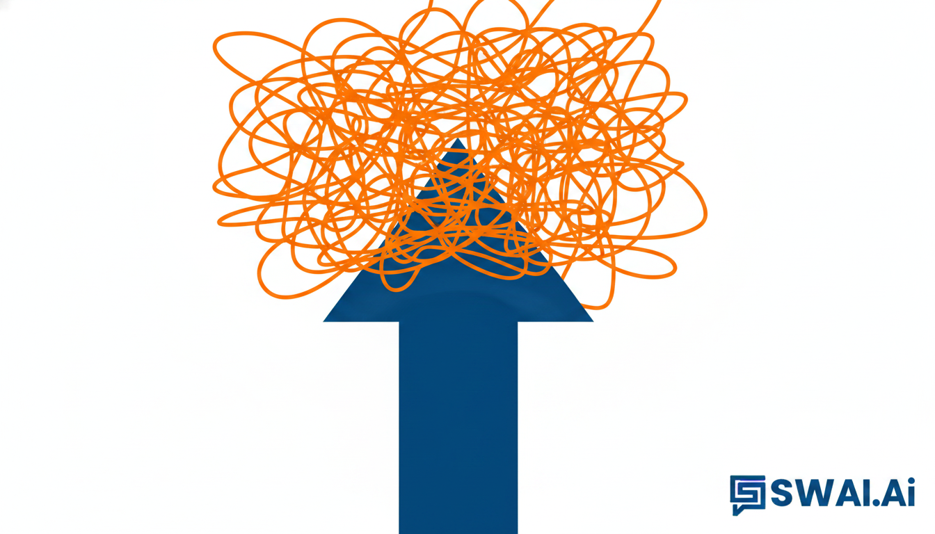 An abstract digital art piece representing the concept of a 'growth ceiling'. A vibrant blue upward arrow (#084f85) hits a complex, chaotic web of tangled lines in orange (#FF8F0D), stopping its progress. The background is clean white (#ffffff), minimalist style. Aspect ratio: 4:3.