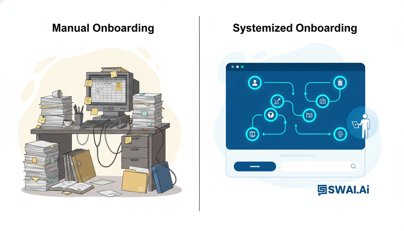 A clean, modern diptych illustration. The left side shows a desk cluttered with papers, sticky notes, and tangled wires, labeled 'Manual Onboarding'. The right side shows a sleek, digital interface with a clear, automated workflow diagram, labeled 'Systemized Onboarding'. Use brand colors #4ECACE and #084f85. Aspect ratio: 16:9.