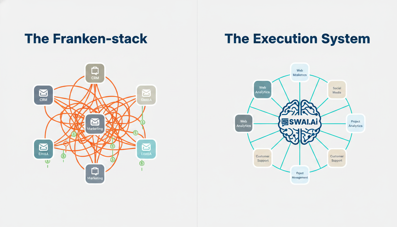 A clean and modern infographic comparing two scenarios. On the left, titled 'The Franken-stack', multiple disconnected app icons are linked with messy, tangled lines, with money icons leaking out. On the right, titled 'The Execution System', a central brain-like hub representing SWAI connects smoothly to the same icons. Use brand colors #084f85, #4ECACE, and #FF8F0D. Aspect ratio: 16:9.
