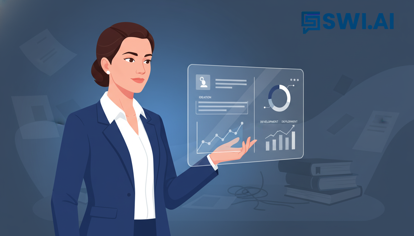 A stylized illustration of a confident agency founder standing calmly, looking at a single, clean dashboard on a transparent screen that visualizes a smooth workflow. In the background, chaotic elements like scattered papers and tangled wires are fading away. The founder should look in control and forward-thinking. Dominant colors are #084f85 and #ffffff. Aspect ratio: 4:3.