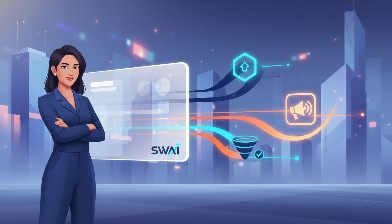 A modern, stylized illustration of a founder confidently standing at a single, clean interface. From the interface, multiple glowing lines shoot out to icons representing a landing page, an ad campaign, and a sales funnel, all launching successfully. The style is confident and futuristic, using the SWAI brand palette. Aspect ratio: 16:9.