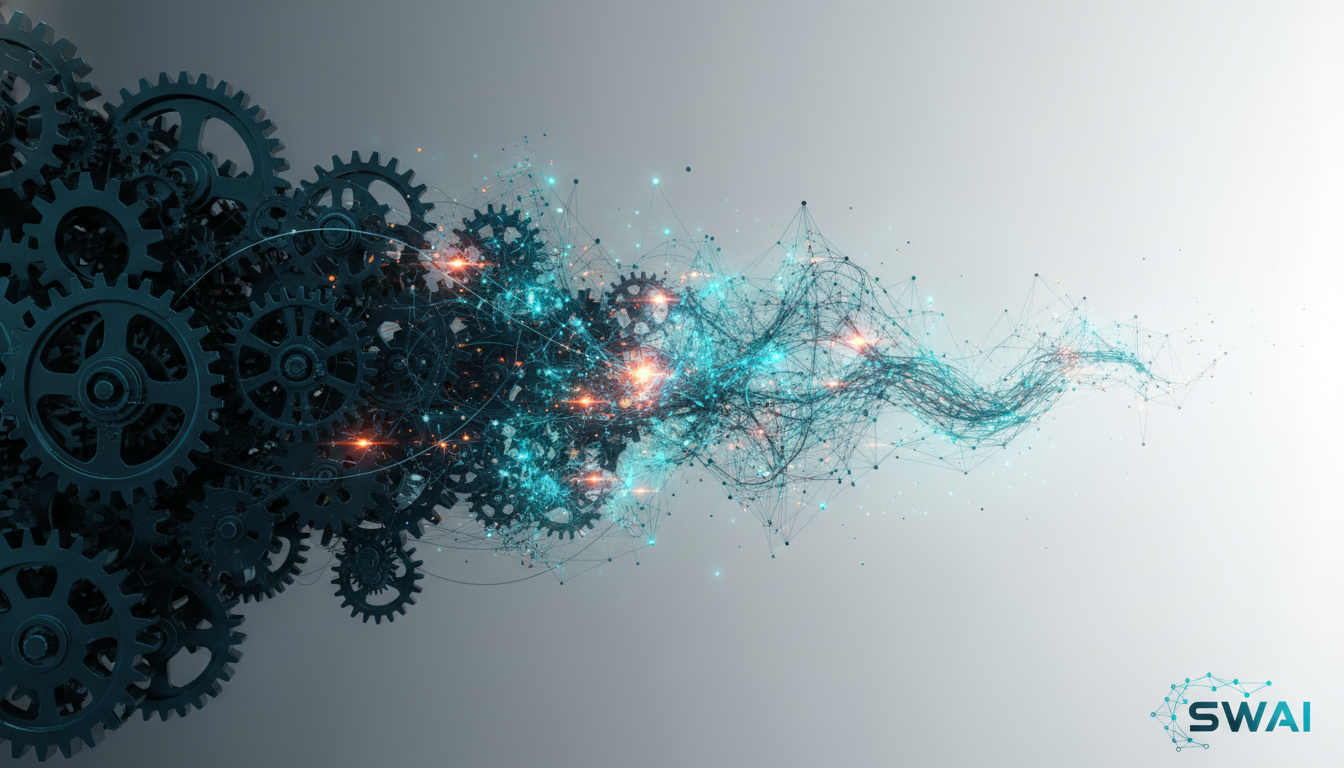 An abstract digital art piece showing a visual transition from rigid, clunky mechanical gears on the left to a fluid, glowing, and interconnected neural network on the right. The image should represent the evolution from old automation to new AI-driven systems. Aspect ratio: 16:9.