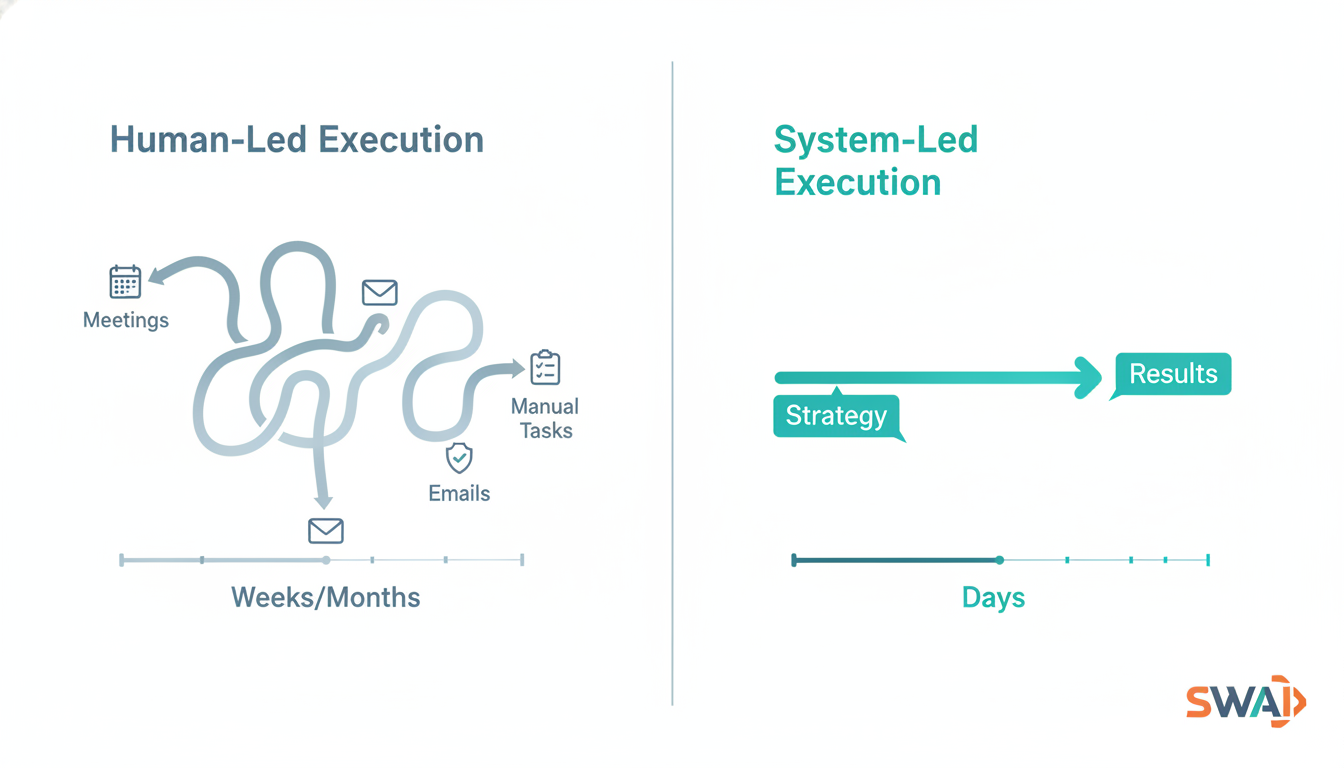 A clean infographic comparing two workflows. On the left, 'Human-Led Execution' shows a complex, winding path with icons for meetings, emails, and manual tasks, marked with a 'Weeks/Months' timeline. On the right, 'System-Led Execution' shows a straight, direct arrow from 'Strategy' to 'Results', marked with a 'Days' timeline. Use brand colors. Aspect ratio: 1:1.