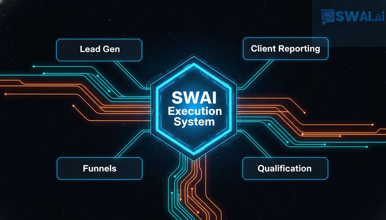 A sleek, futuristic illustration showing a central glowing core labeled 'SWAI Execution System' with clean lines of data and energy flowing out to various business functions like 'Lead Gen', 'Funnels', 'Client Reporting', and 'Qualification'. The image should feel streamlined, intelligent, and efficient. Aspect ratio: 16:9.