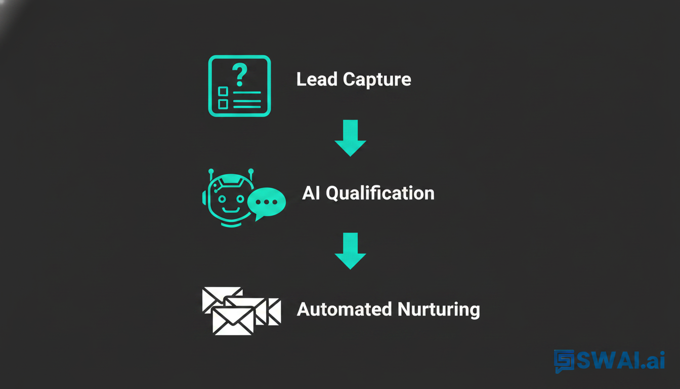 A sleek infographic diagram illustrating a 3-step client acquisition funnel. Step 1 shows an icon for 'Lead Capture' (e.g., a quiz). Step 2 shows an icon for 'AI Qualification' (e.g., a robot with a speech bubble). Step 3 shows 'Automated Nurturing' (e.g., a series of emails). Arrows connect the steps in a seamless flow. Use brand colors against a dark background. Aspect ratio: 4:3.