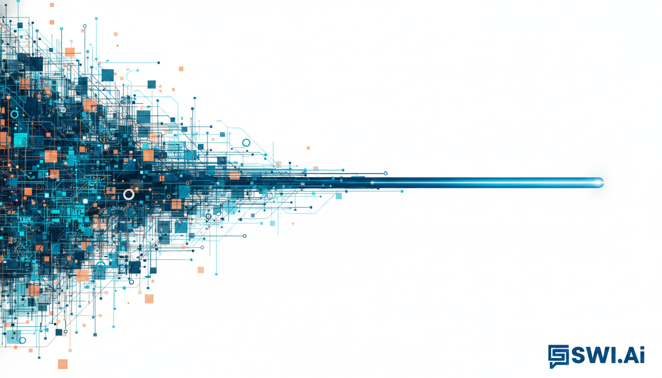 An abstract digital illustration visualizing the concept of complexity versus simplicity. On the left, a tangled, chaotic mess of multi-coloured digital lines and nodes. On the right, these lines converge and transform into a single, streamlined, glowing blue line moving purposefully towards a goal. Aspect ratio: 16:9.