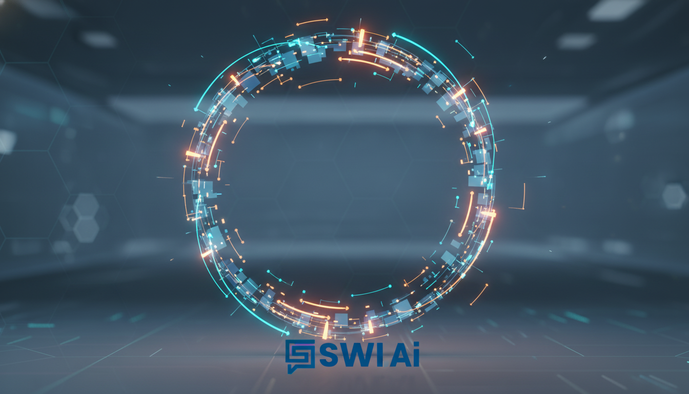 An abstract digital art piece showing a glowing, circular loop of data flowing seamlessly. The loop is composed of interconnected nodes and light trails in brand colors, representing a continuous cycle of data, insight, and optimization. The feeling is futuristic, intelligent, and dynamic. Aspect ratio: 16:9.