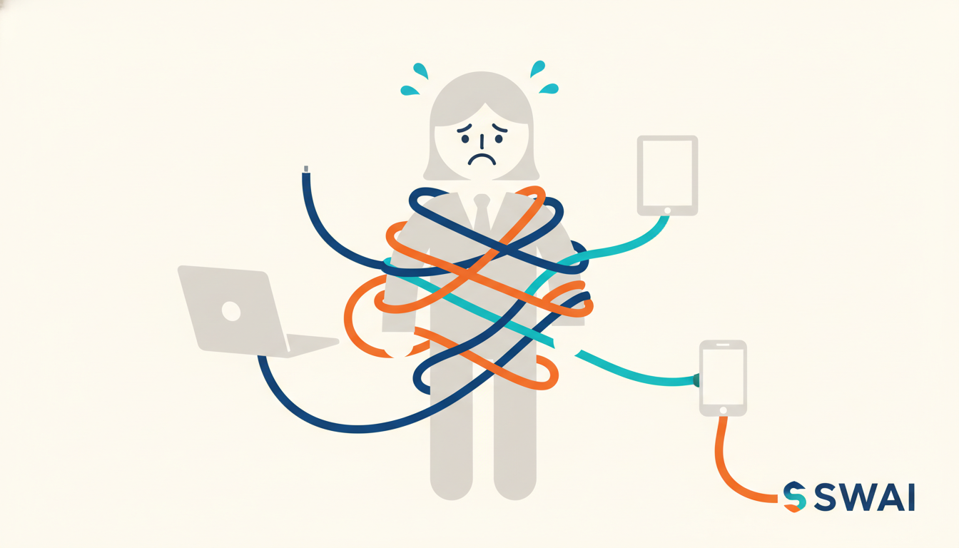 A modern, stylized illustration of a business operator tangled in a web of physical cables connecting a laptop, a tablet, and a smartphone. Each cable is a different brand color, representing a disconnected software tool. The operator looks frustrated and overwhelmed. Clean, minimalist style. Aspect ratio: 4:3.