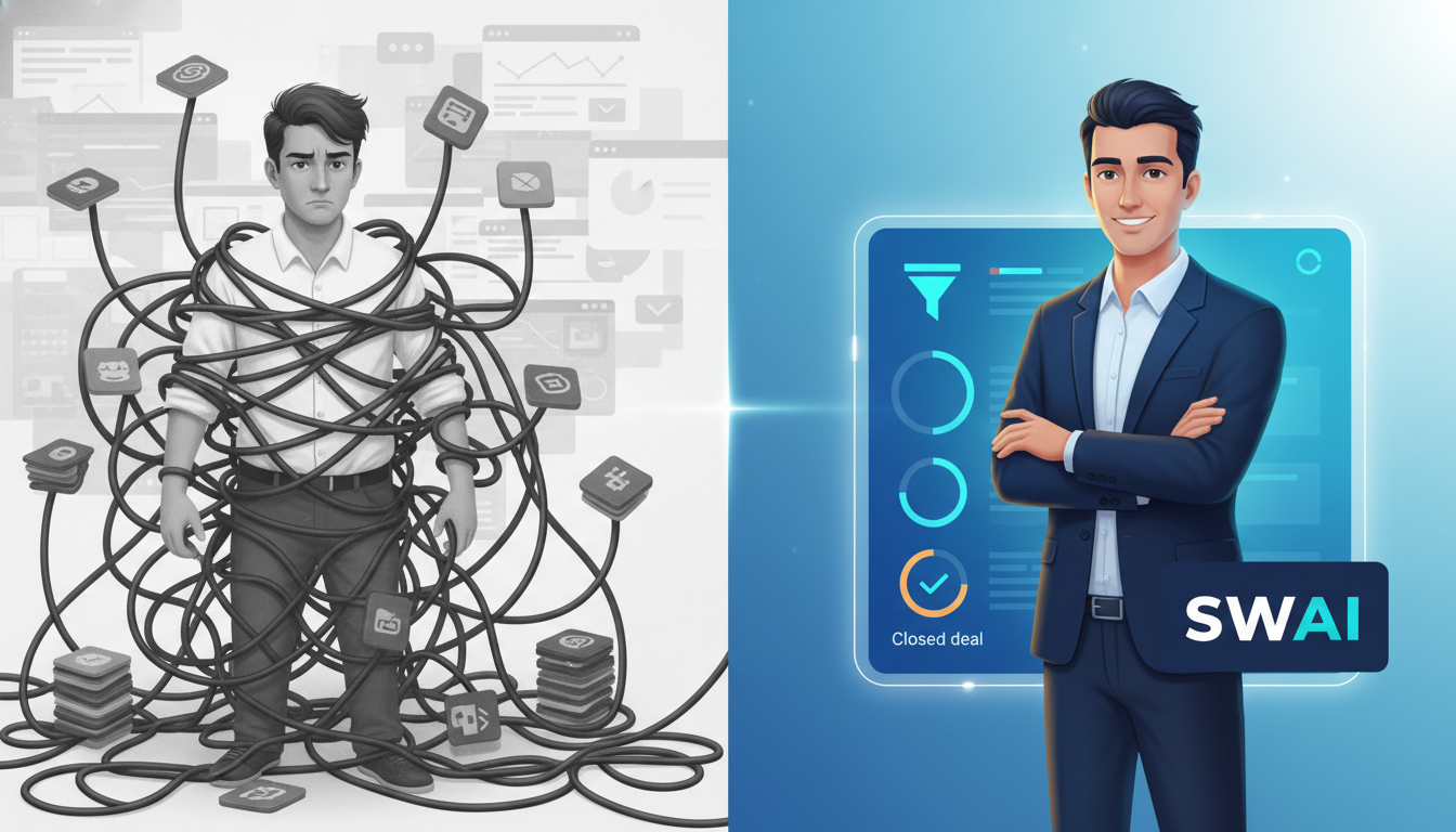 A split-panel illustration showing a stark contrast. On the left, a frustrated business owner is tangled in a web of wires connecting multiple generic app icons, symbolizing a fragmented tool stack. On the right, a calm founder stands before a single, glowing, cohesive interface that intelligently manages the entire customer acquisition process. Style is modern and clean. Aspect ratio: 16:9.