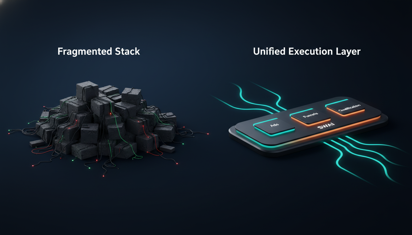 An illustrative diagram comparing two concepts on a dark background. Left side labeled 'Fragmented Stack' shows a jumble of disconnected software boxes with messy, tangled wires. Right side labeled 'Unified Execution Layer' shows a single, sleek platform with integrated modules for ads, funnels, and qualification, all connected by clean, flowing lines of light. Aspect ratio: 16:9.