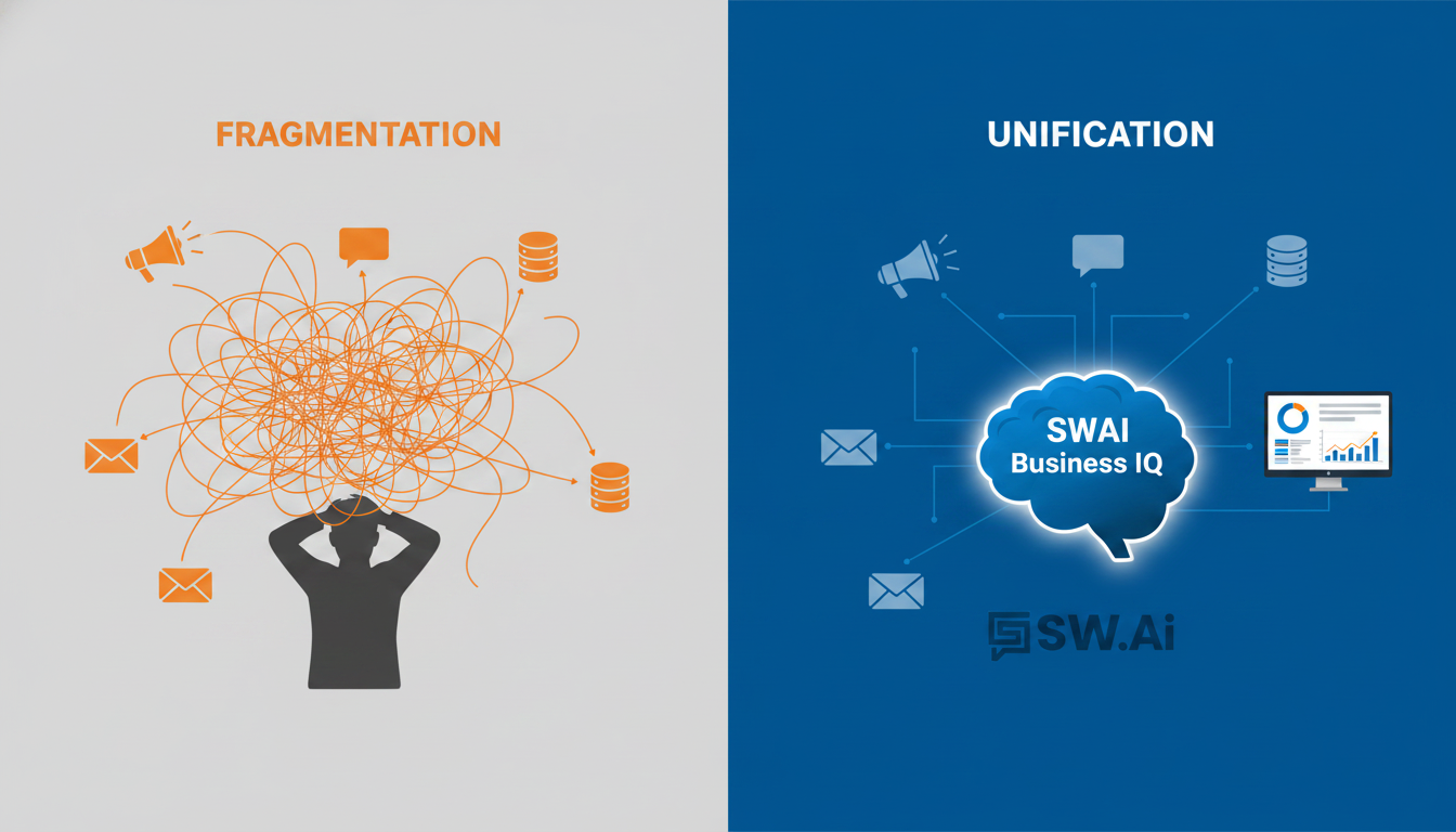 An infographic demonstrating data unification. On the left, icons for various marketing platforms (ads, social, email, CRM) are shown with tangled lines connecting them to a frustrated person. On the right, the same icons feed cleanly into a central brain icon labeled 'SWAI Business IQ', which outputs a single, clean dashboard on a screen. Use brand colors #084f85 and #FF8F0D. Aspect ratio: 4:3.