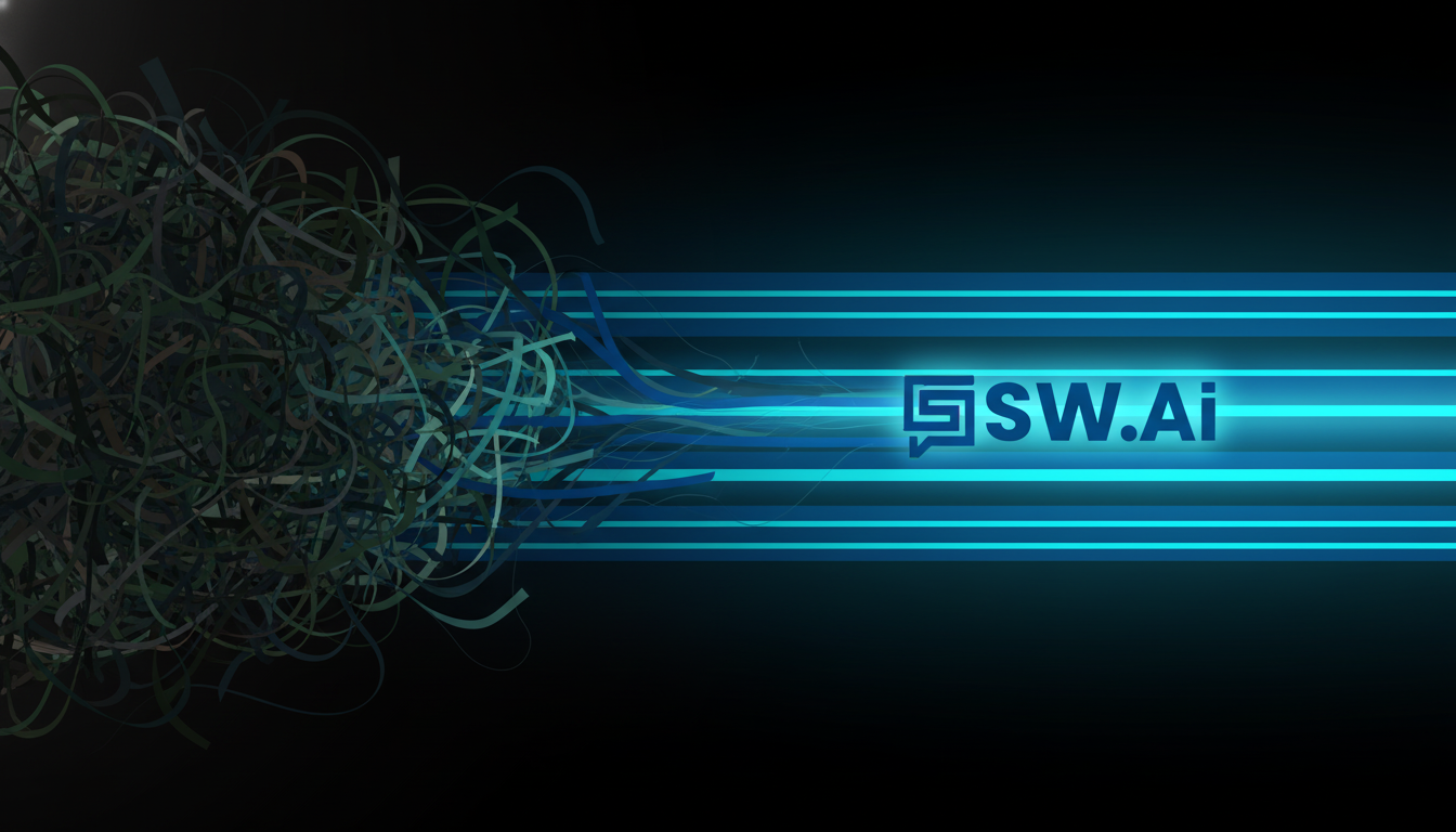 An abstract illustration representing the concept of operational friction versus smooth flow. On the left, chaotic, tangled lines in dark, muted tones. On the right, these lines unravel into smooth, parallel, flowing streams of light in brand colors #084f85 and #4ECACE. Aspect ratio: 16:9.