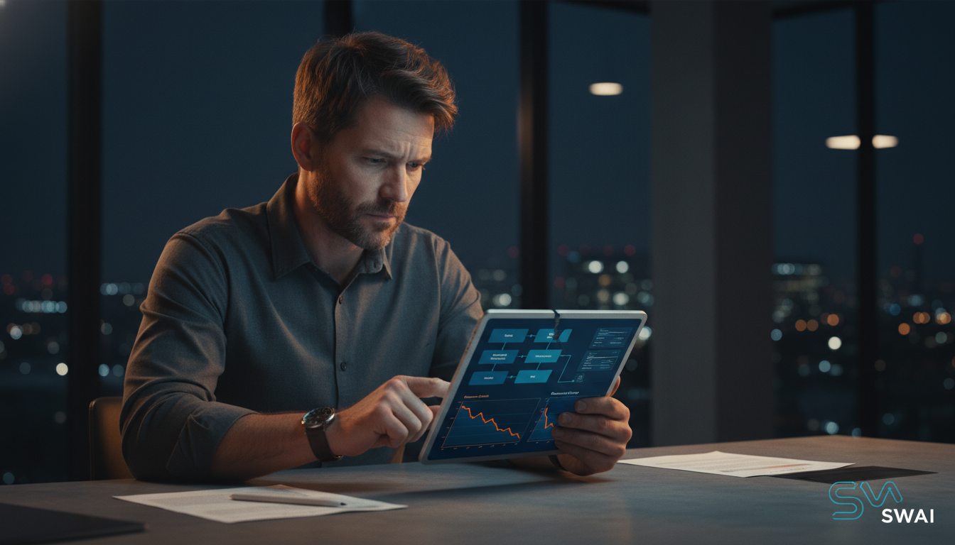 A realistic, dramatic photo of a pensive founder in their 40s sitting in a modern, dimly lit office. They are looking at a tablet displaying complex flowcharts and declining performance graphs, highlighting the pain points of managing a fragmented system. The mood is one of strategic concern and deep thought. Aspect ratio: 16:9.